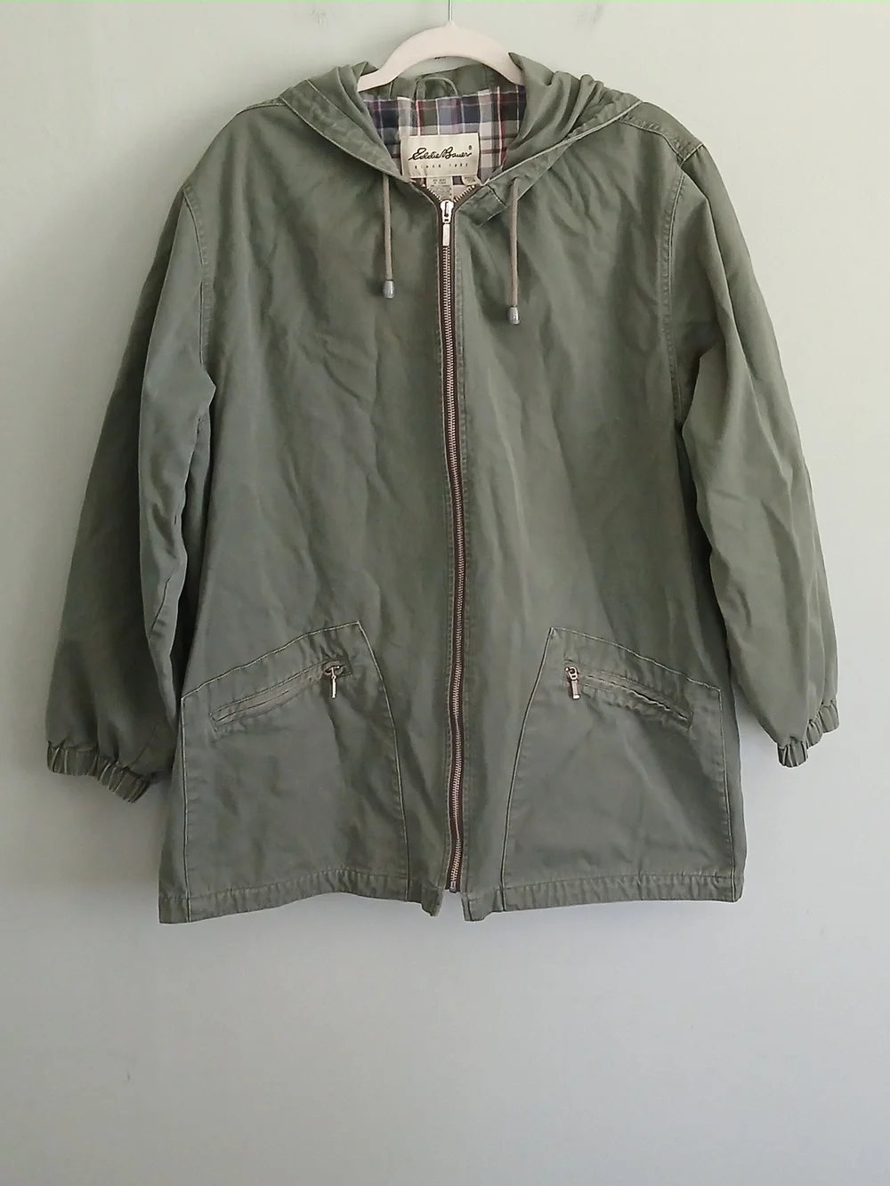 Eddie Bauer Women's Vintage Olive Green Chore Coat Zip Up With Hood Size Large